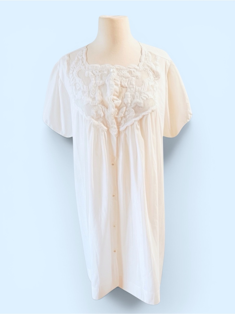 Contessa Vintage Cotton Nightgown with Lace Insets and Short Puff Sleeves, M